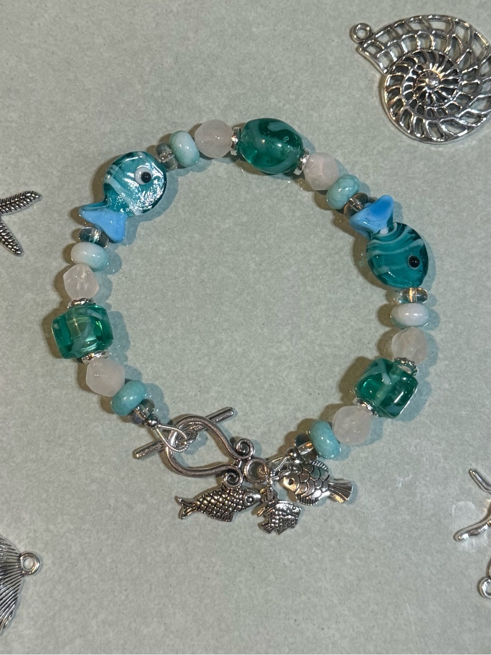 Handmade Teal Fish & Bead Stretch Bracelet